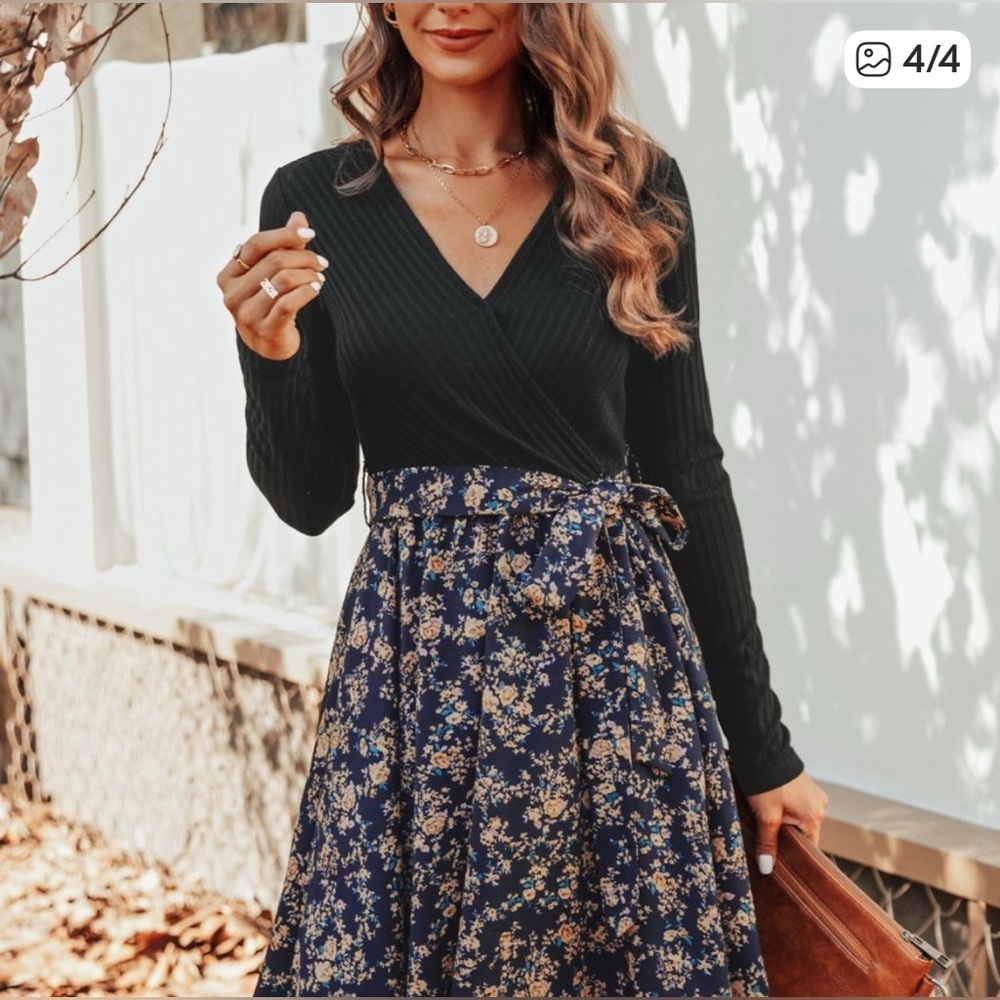 NWT Black Golden Ditsy Floral Print A Line Long Sleeve Mini Dress - Picture 4 of 4